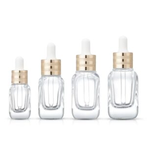 Cosmetic Packaging 10/20/30/50ml Clear Glass Square Dropper Bottle with Gold Lid for Essential Oils