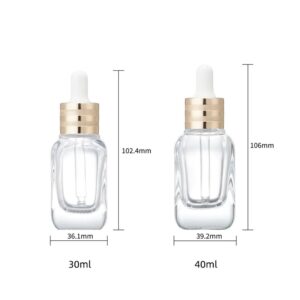Cosmetic Packaging 10/20/30/50ml Clear Glass Square Dropper Bottle with Gold Lid for Essential Oils